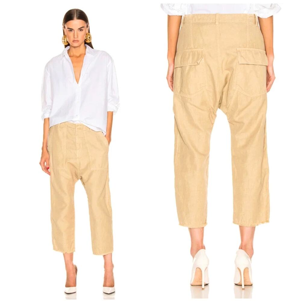 Nili Lotan 4 Linen Luna Pants $425 Drop Crotch Slouchy Cropped Cotton Khaki Sand